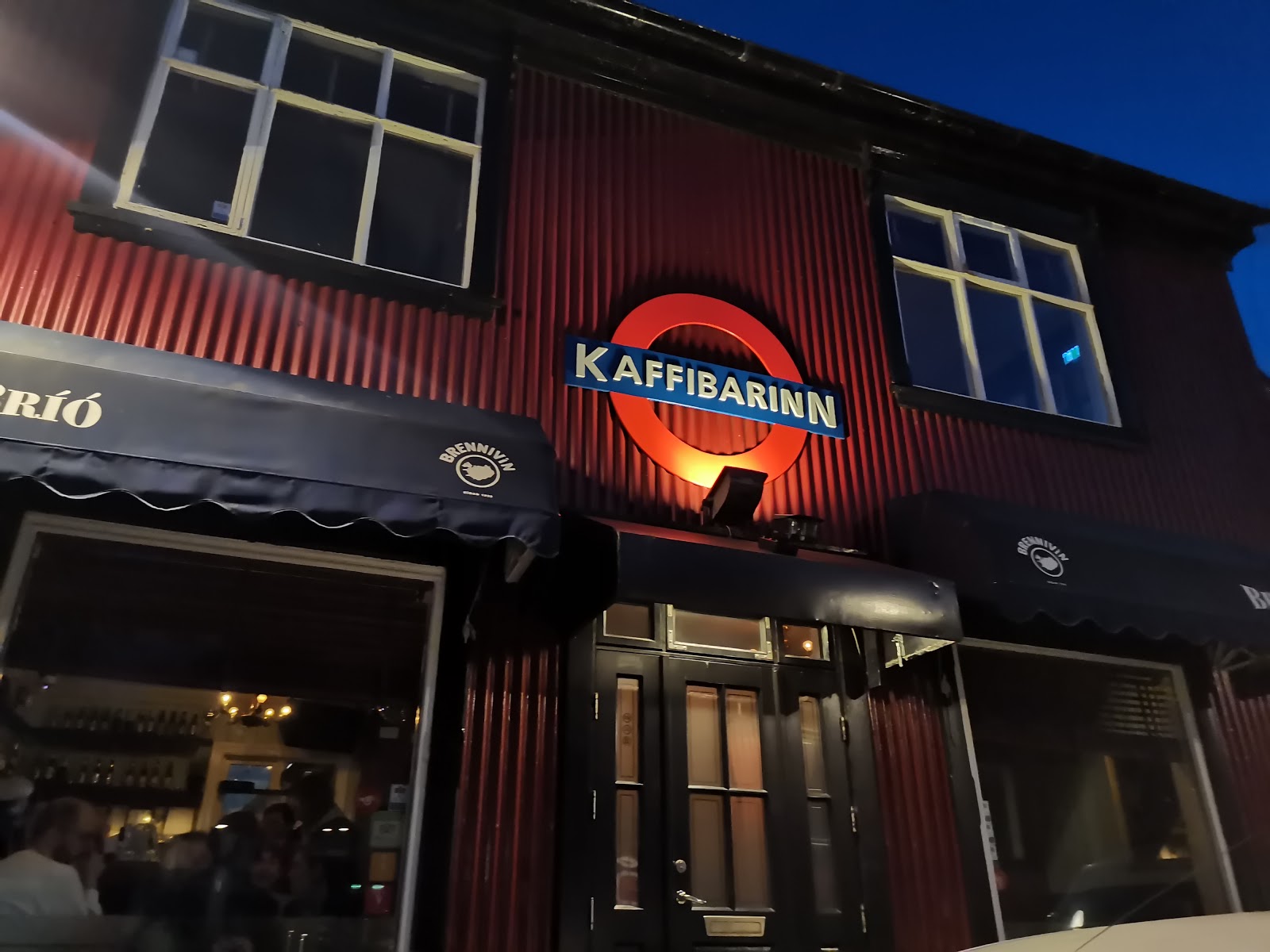Kaffibarinn — the iconic red corrugated metal building in Reykjavík at night